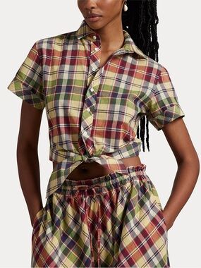 Polo Ralph Lauren CROPPED PLAID COTTON TIE-FRONT TOP